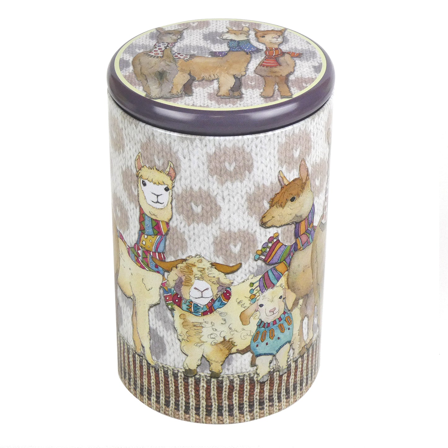 Tall Round Tin Caddy - Alpacas and Friends - T184 - Emma Ball